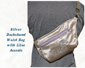 Silver Dachshubd waist pack with embroidered doxie on front panel.
